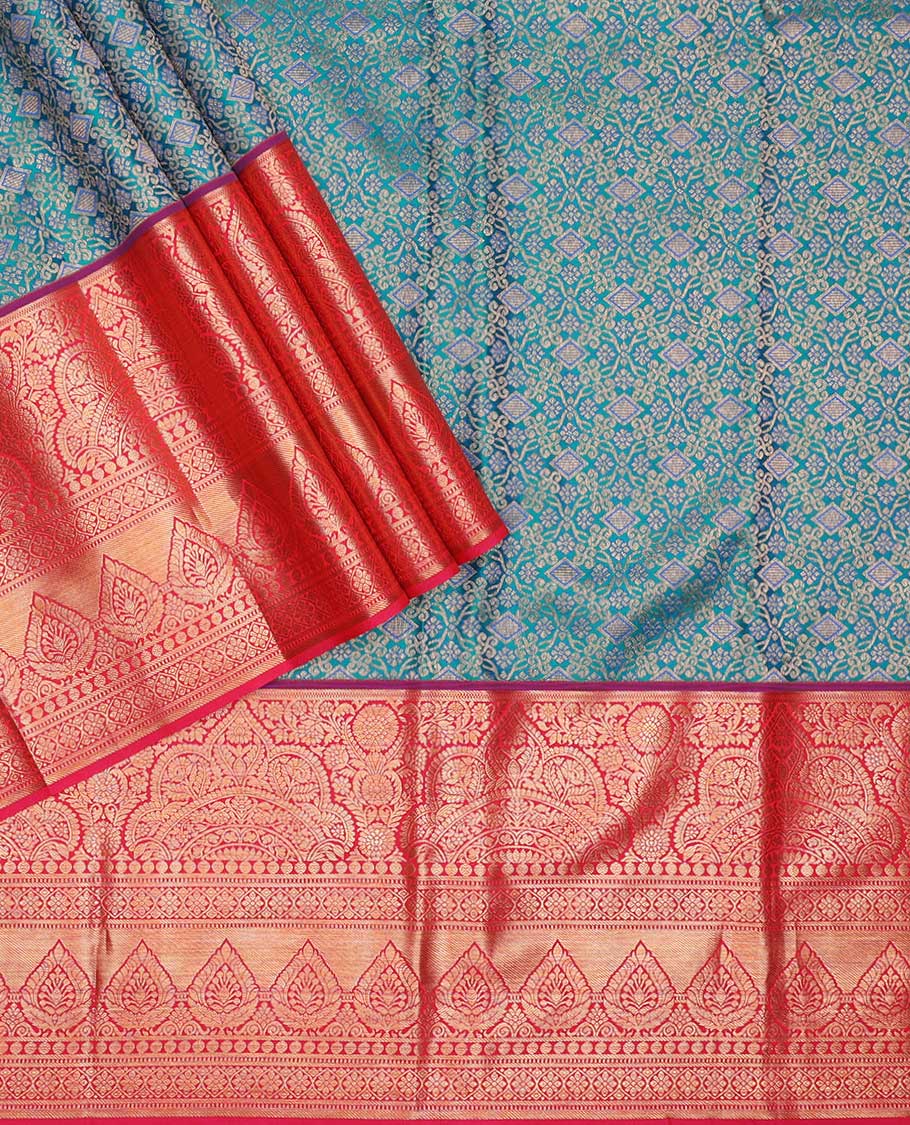 Peacock blue pure silk half-saree,  jacquard skirt, contrast traditional zari border, matching zari blouse, and zari design dhavani