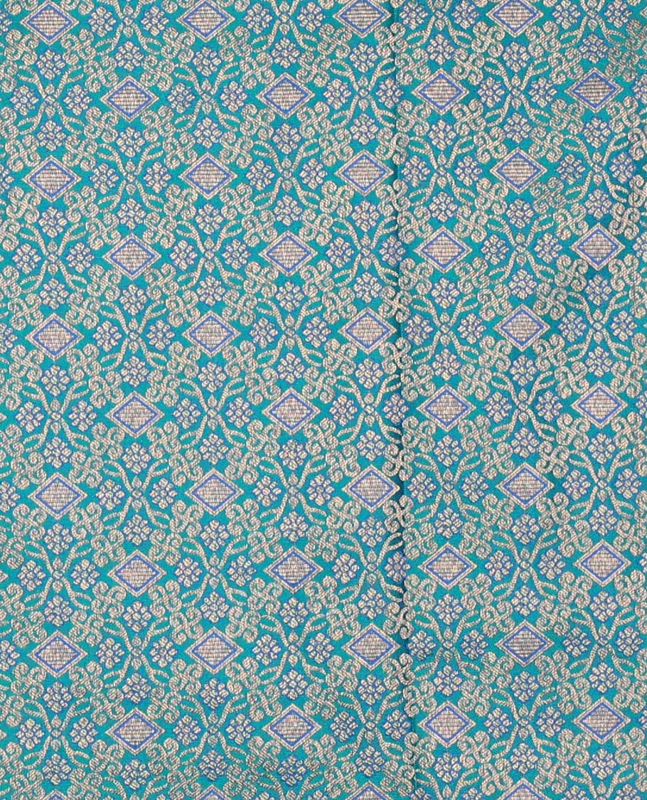 Peacock blue pure silk half-saree,  jacquard skirt, contrast traditional zari border, matching zari blouse, and zari design dhavani