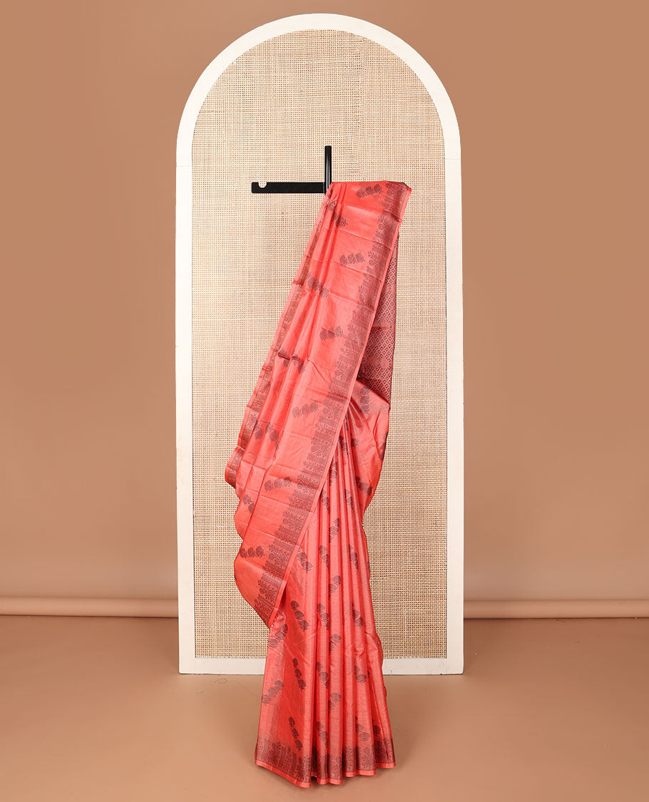 Dark peach floral zari buttas tussar saree, zari border & pallu of floral buttas & jaal design