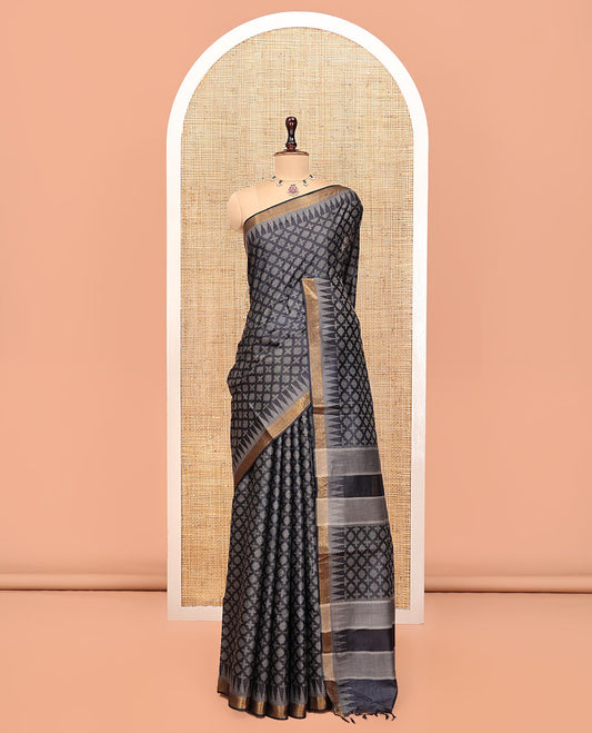 Black Tussar Silk Saree, Accentuated with Buttas, a Subtle Zari Temple Border, a Self-Pallu, and a Matching Blouse