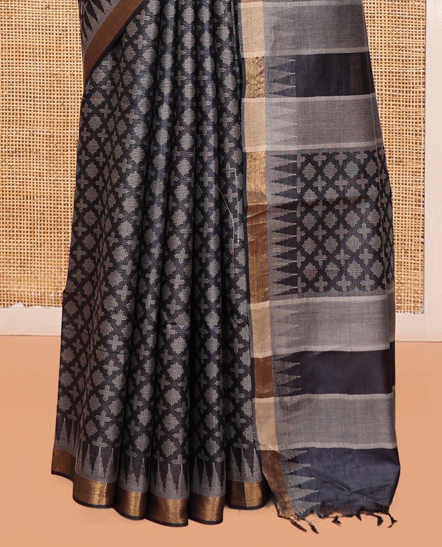 Black Tussar Silk Saree, Accentuated with Buttas, a Subtle Zari Temple Border, a Self-Pallu, and a Matching Blouse