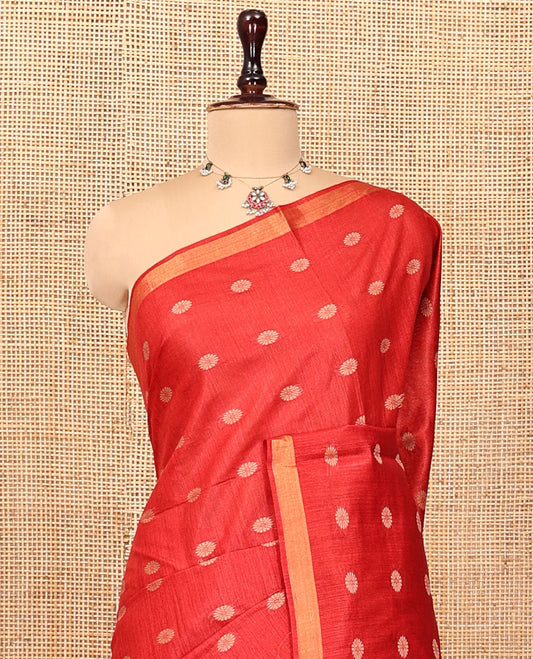 Red Tussar Silk Saree, Woven with Floral Buttas, a Zari Border, Self-Pallu of Buttas and Stripes, and Matching Blouse