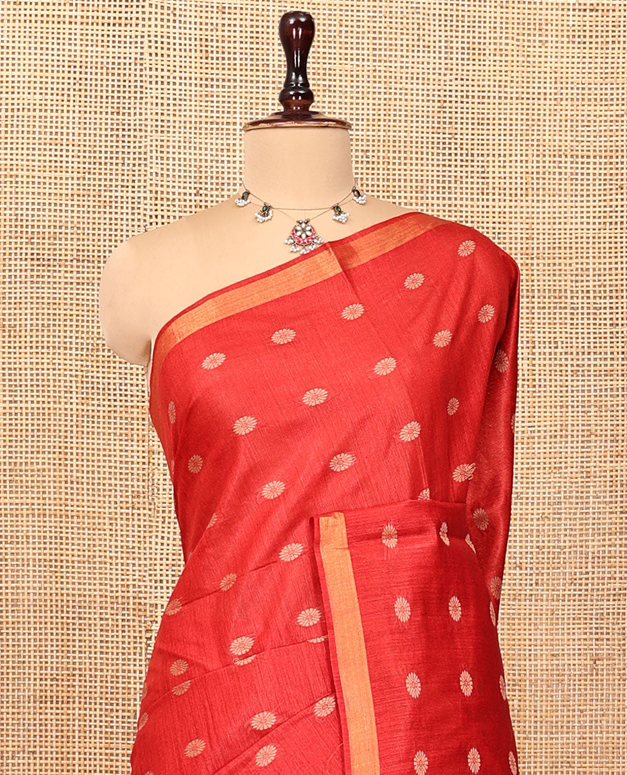 Red Tussar Silk Saree, Woven with Floral Buttas, a Zari Border, Self-Pallu of Buttas and Stripes, and Matching Blouse