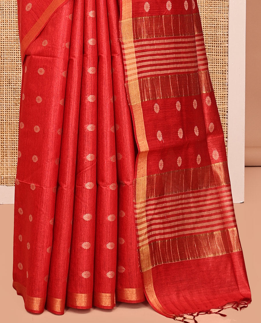 Red Tussar Silk Saree, Woven with Floral Buttas, a Zari Border, Self-Pallu of Buttas and Stripes, and Matching Blouse