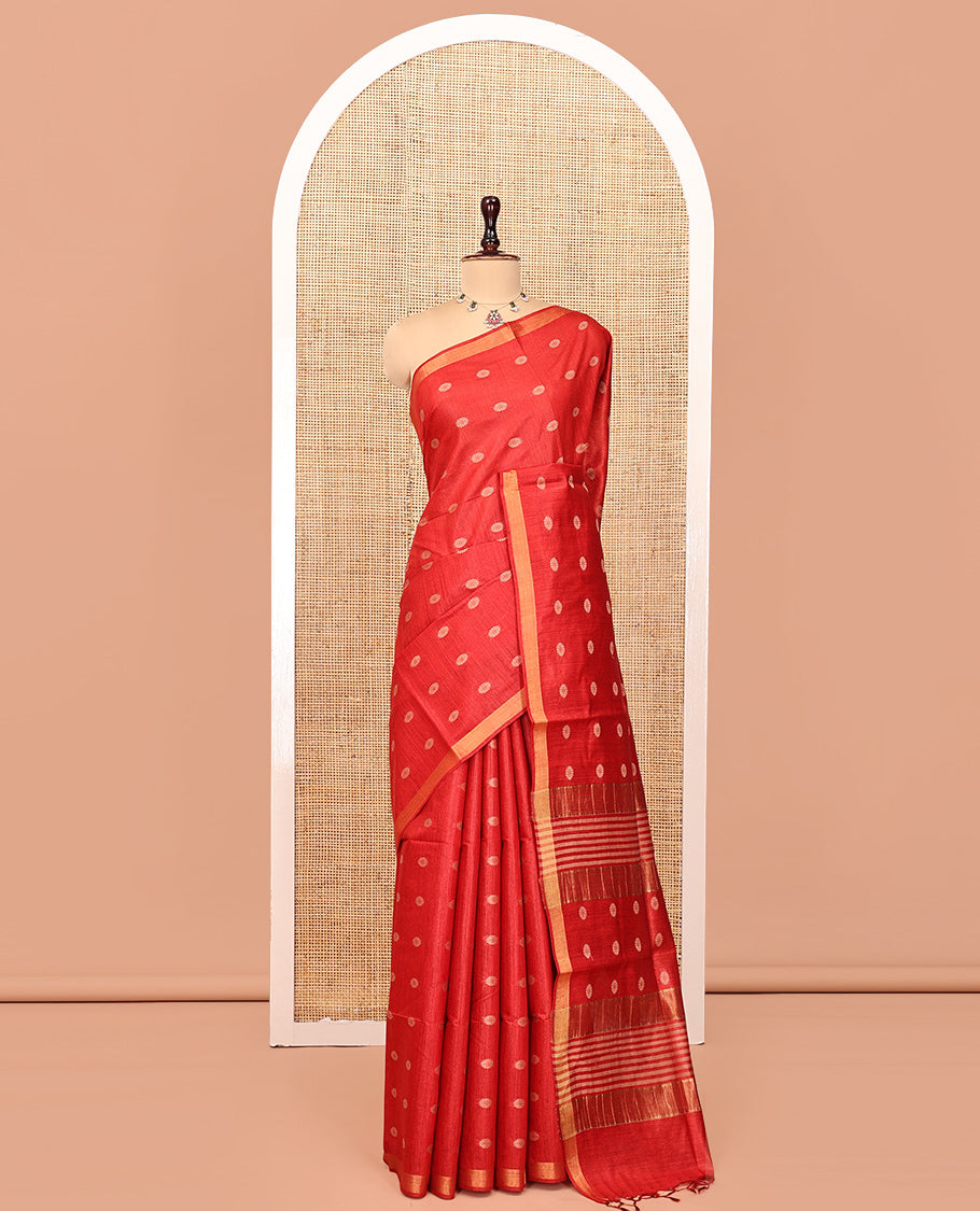 Red Tussar Silk Saree, Woven with Floral Buttas, a Zari Border, Self-Pallu of Buttas and Stripes, and Matching Blouse