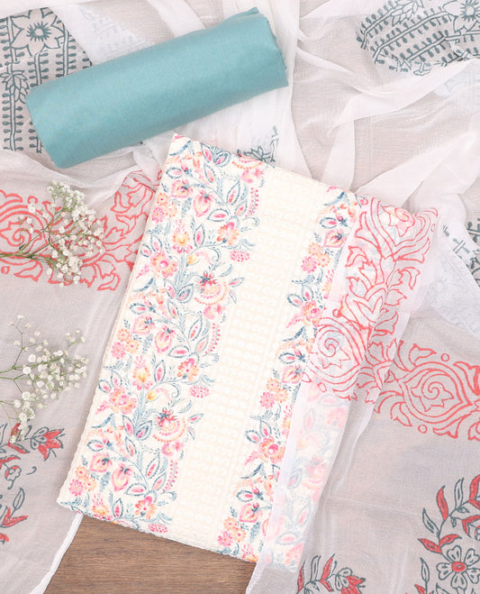 White chudidhar material set,floral print & embroidery cotton top,blue plain bottom & floral printed chiffon dupatta