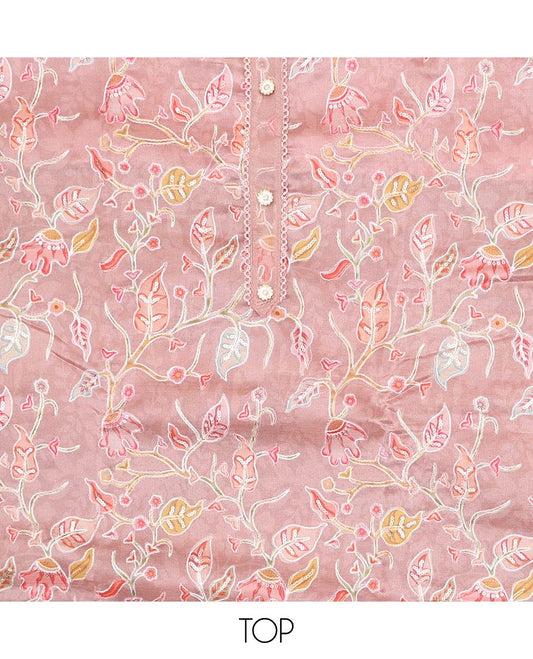 Onion pink chudidhar material set,floral vine printed organza top,plain bottom & floral vine embroidered organza dupatta
