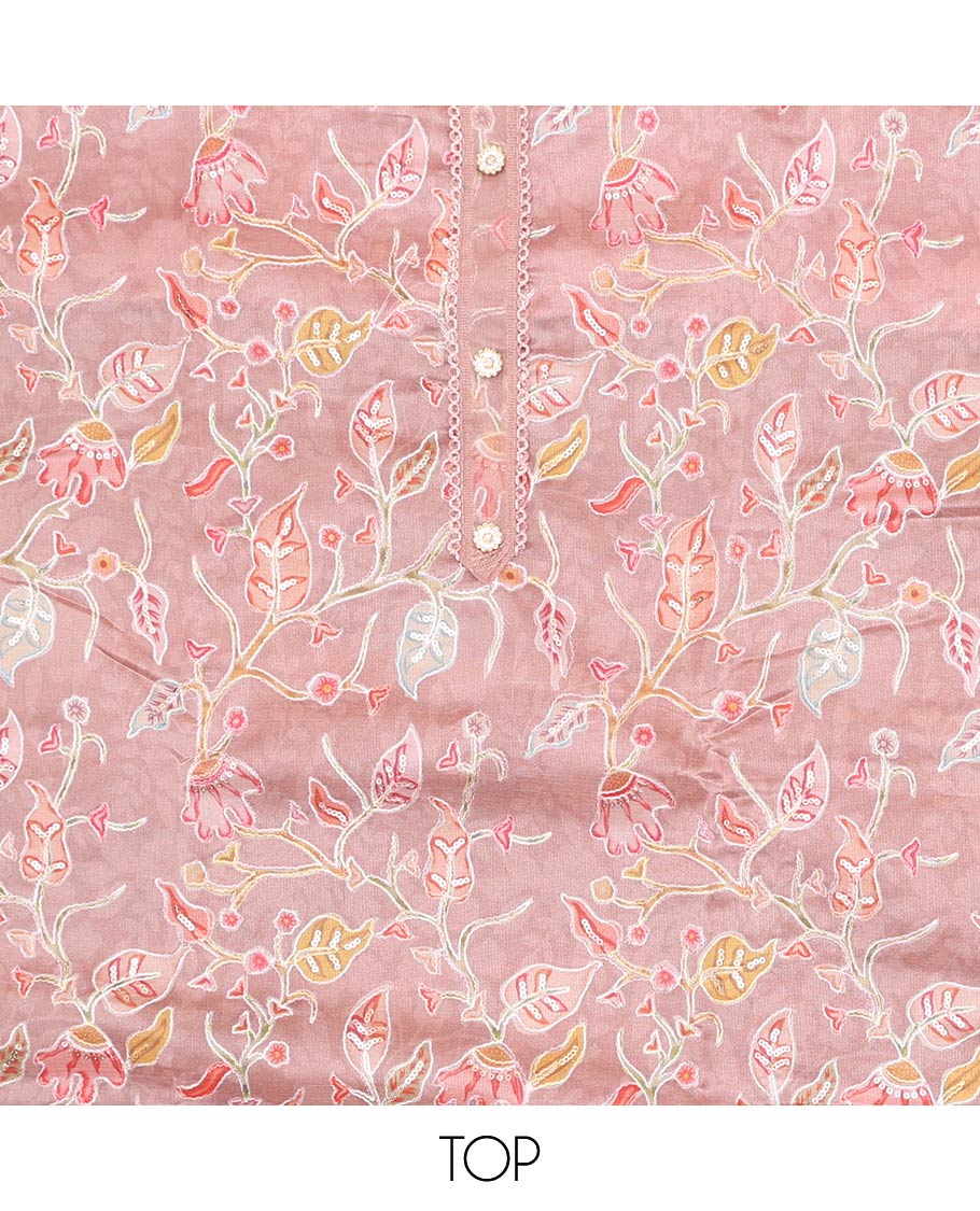 Onion pink chudidhar material set,floral vine printed organza top,plain bottom & floral vine embroidered organza dupatta