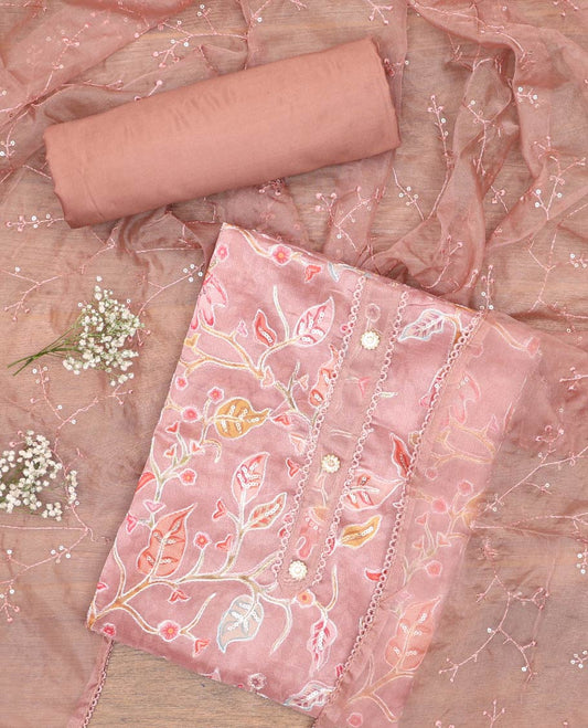 Onion pink chudidhar material set,floral vine printed organza top,plain bottom & floral vine embroidered organza dupatta
