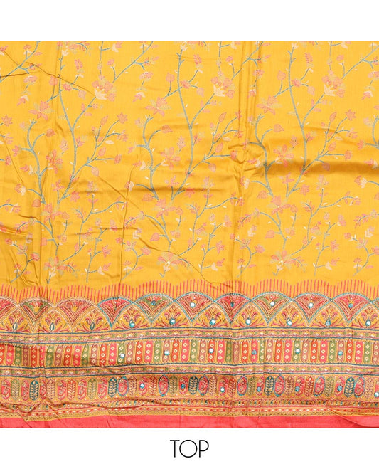 Yellow material churidar set, floral and kaleidoscopic geometric patterned rayon top, plain bottom, and dupatta of floral and geometric patterns