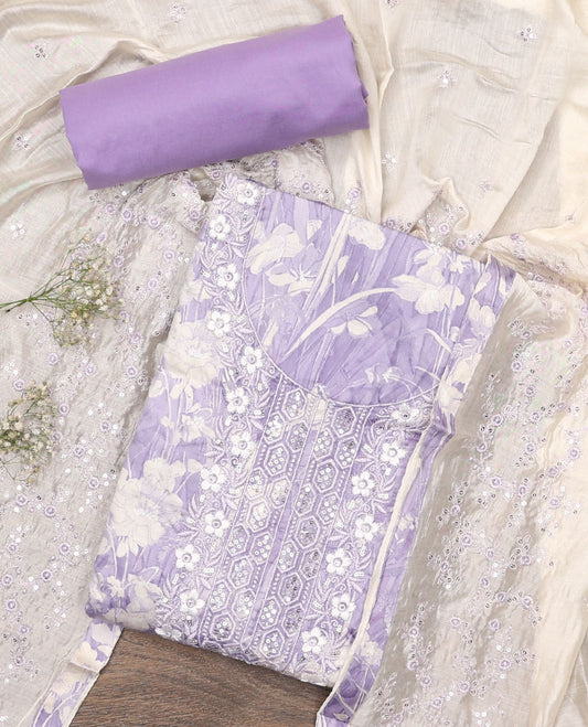Lavender material chudidar set, floral silhouette print and neck embroidered top, plain bottom, and floral jaal embroidered dupatta