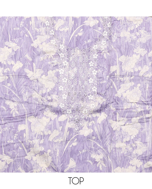 Lavender material chudidar set, floral silhouette print and neck embroidered top, plain bottom, and floral jaal embroidered dupatta
