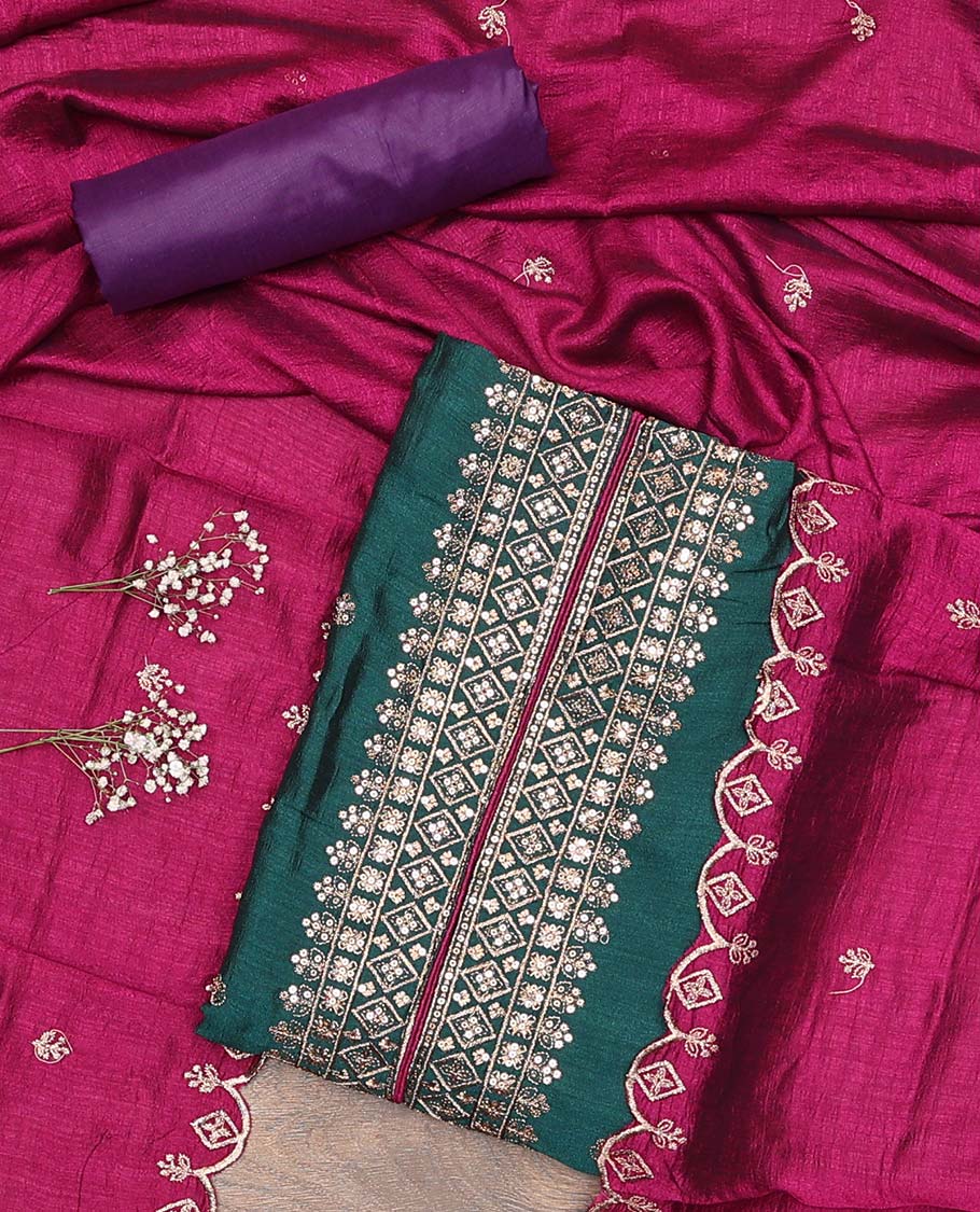 Green material chudidar set, sequins and thread embroidered top, contrast plain bottom, and scallop embroidered dupatta
