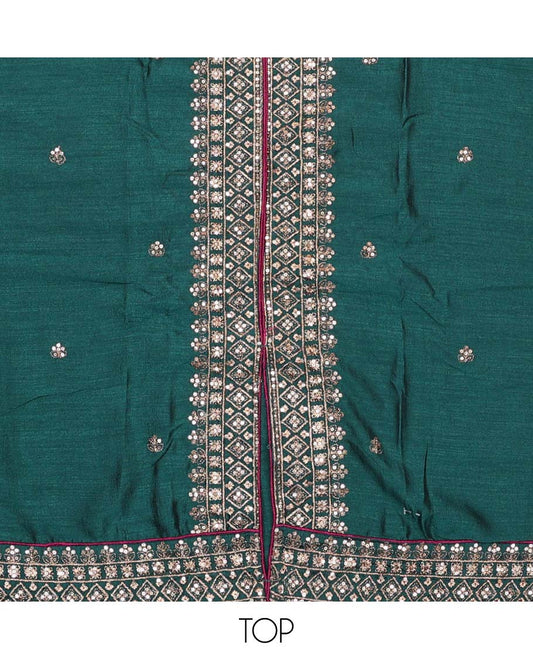 Green material chudidar set, sequins and thread embroidered top, contrast plain bottom, and scallop embroidered dupatta