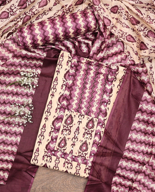 Sandal-Base and Wine Cotton Material Chudidar Set, Adorned with Batik-Style Intricate Print on Its Top, a Batik Chevron Printed Cotton Bottom, and Paired with an Intricately Printed Dupatta
