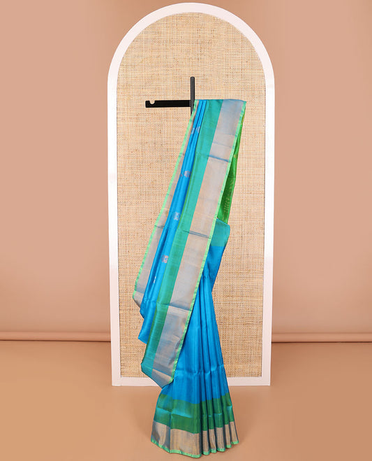 Blue floral motifs uppada saree with contrast zari design border & striped, floral design pallu
