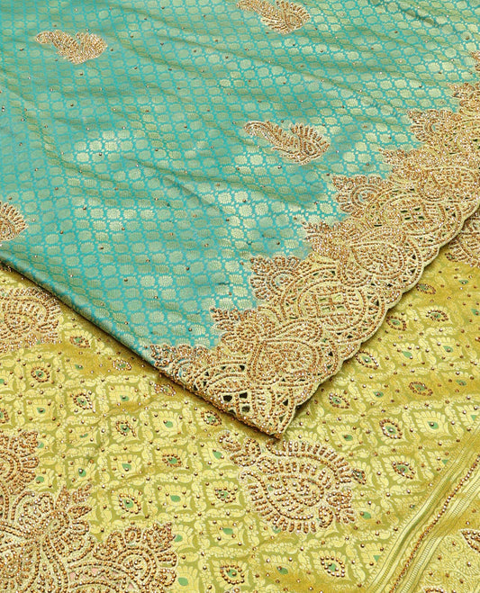 Green jacquard stone embroidered silk saree, contrast stone embroidered scallop zari cut work border & zari woven stone embroidery pallu