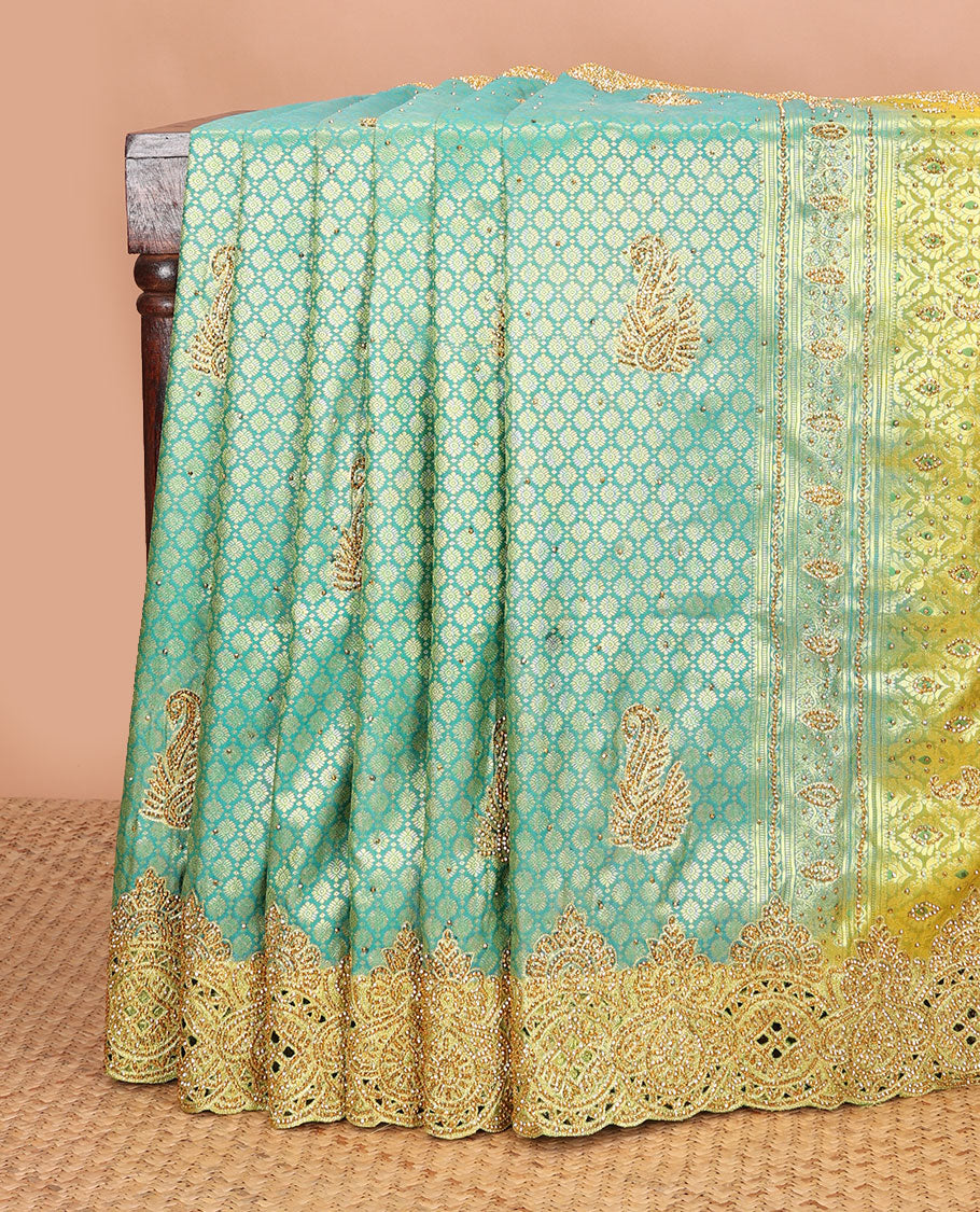 Green jacquard stone embroidered silk saree, contrast stone embroidered scallop zari cut work border & zari woven stone embroidery pallu