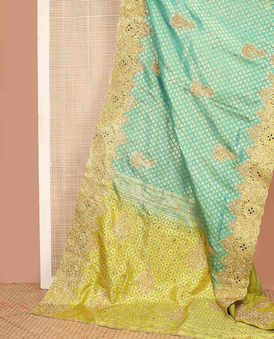 Green jacquard stone embroidered silk saree, contrast stone embroidered scallop zari cut work border & zari woven stone embroidery pallu