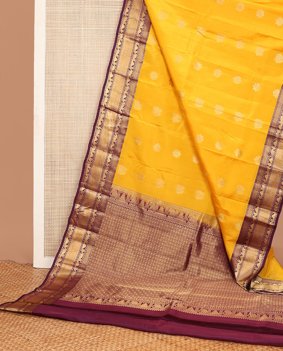 Yellow zari buttas Vasundhara silk mix saree, contrast traditional border of rekku & yaanai & butta enclosed checked pallu