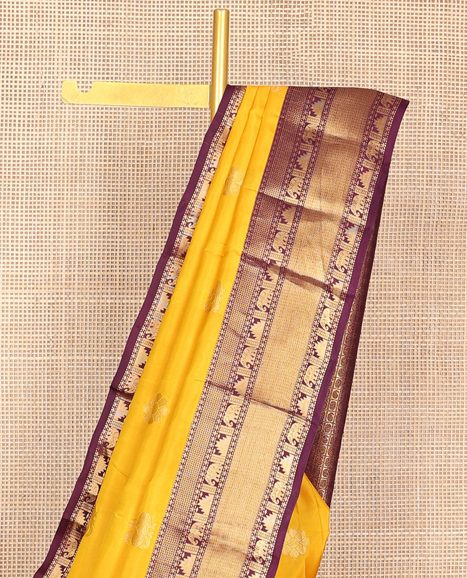 Yellow zari buttas Vasundhara silk mix saree, contrast traditional border of rekku & yaanai & butta enclosed checked pallu