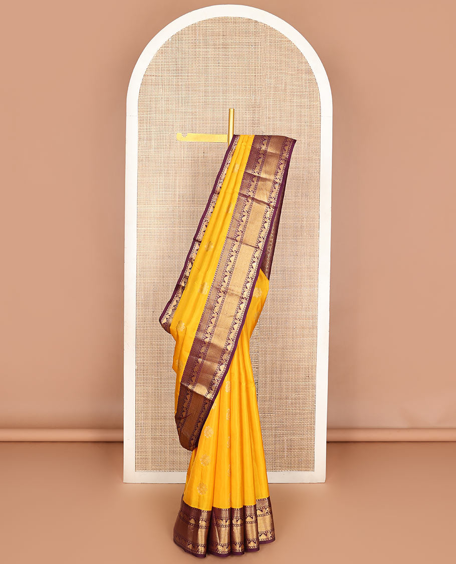 Yellow zari buttas Vasundhara silk mix saree, contrast traditional border of rekku & yaanai & butta enclosed checked pallu