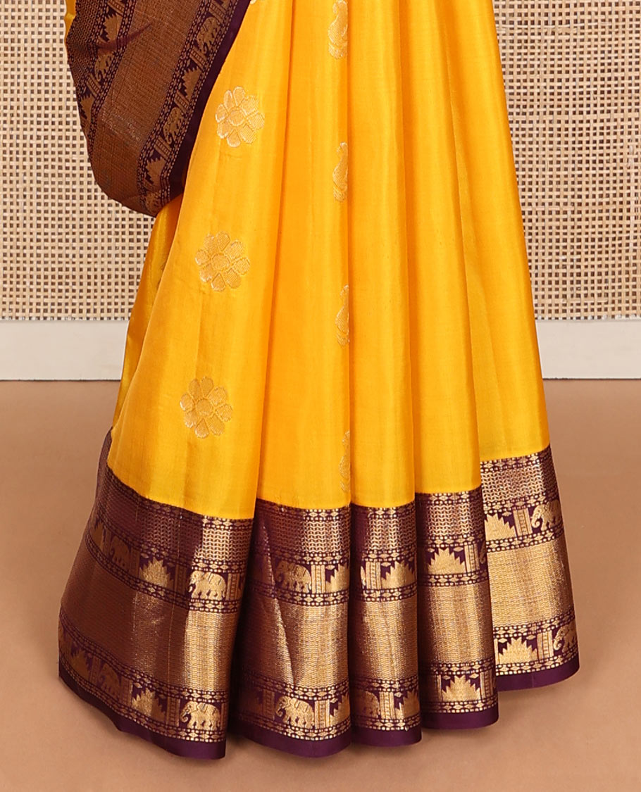 Yellow zari buttas Vasundhara silk mix saree, contrast traditional border of rekku & yaanai & butta enclosed checked pallu