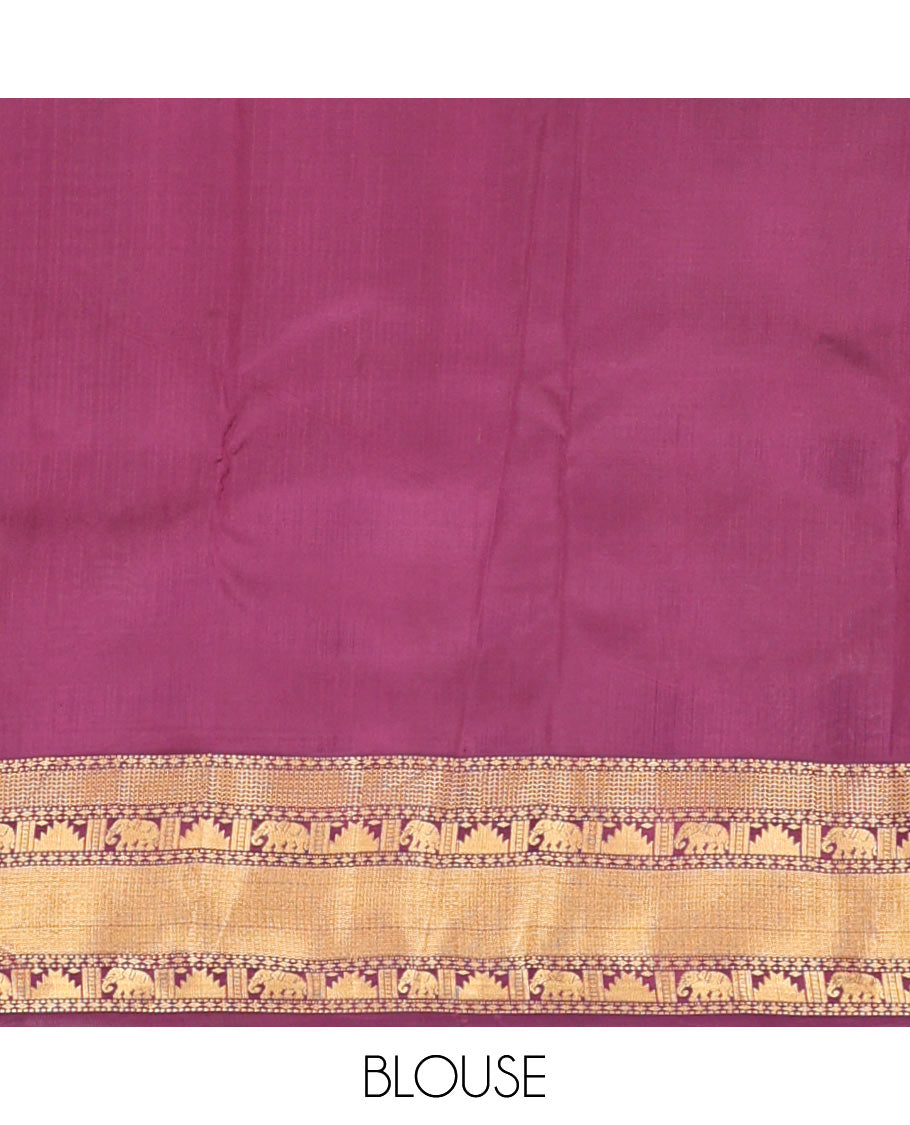 Yellow zari buttas Vasundhara silk mix saree, contrast traditional border of rekku & yaanai & butta enclosed checked pallu