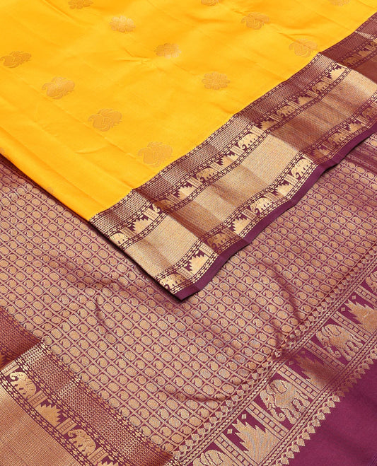 Yellow zari buttas Vasundhara silk mix saree, contrast traditional border of rekku & yaanai & butta enclosed checked pallu