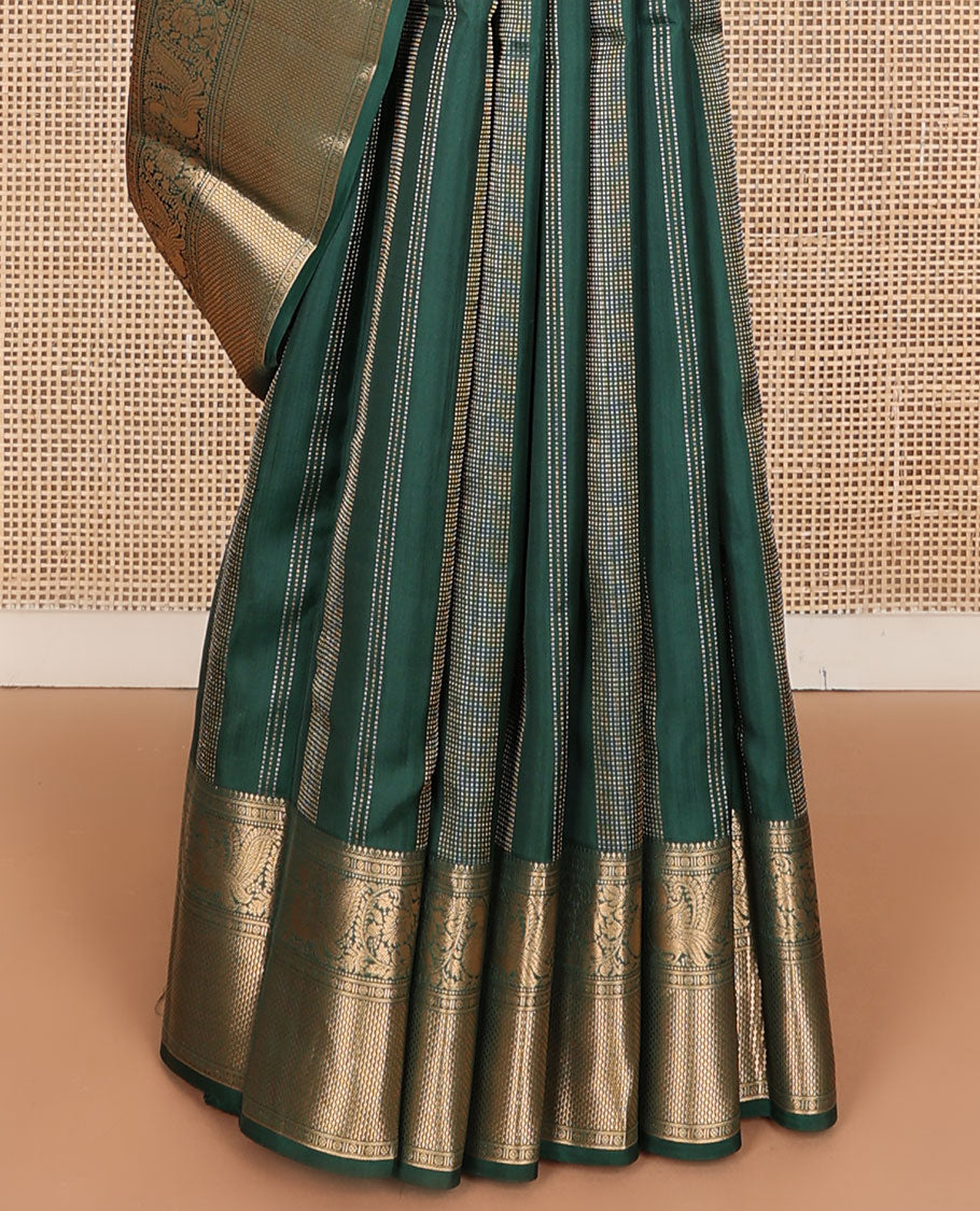 Green zari design silk saree, zari border of thilakam mokku,kodi visiry,mayil & then kuli kann & jaal pallu