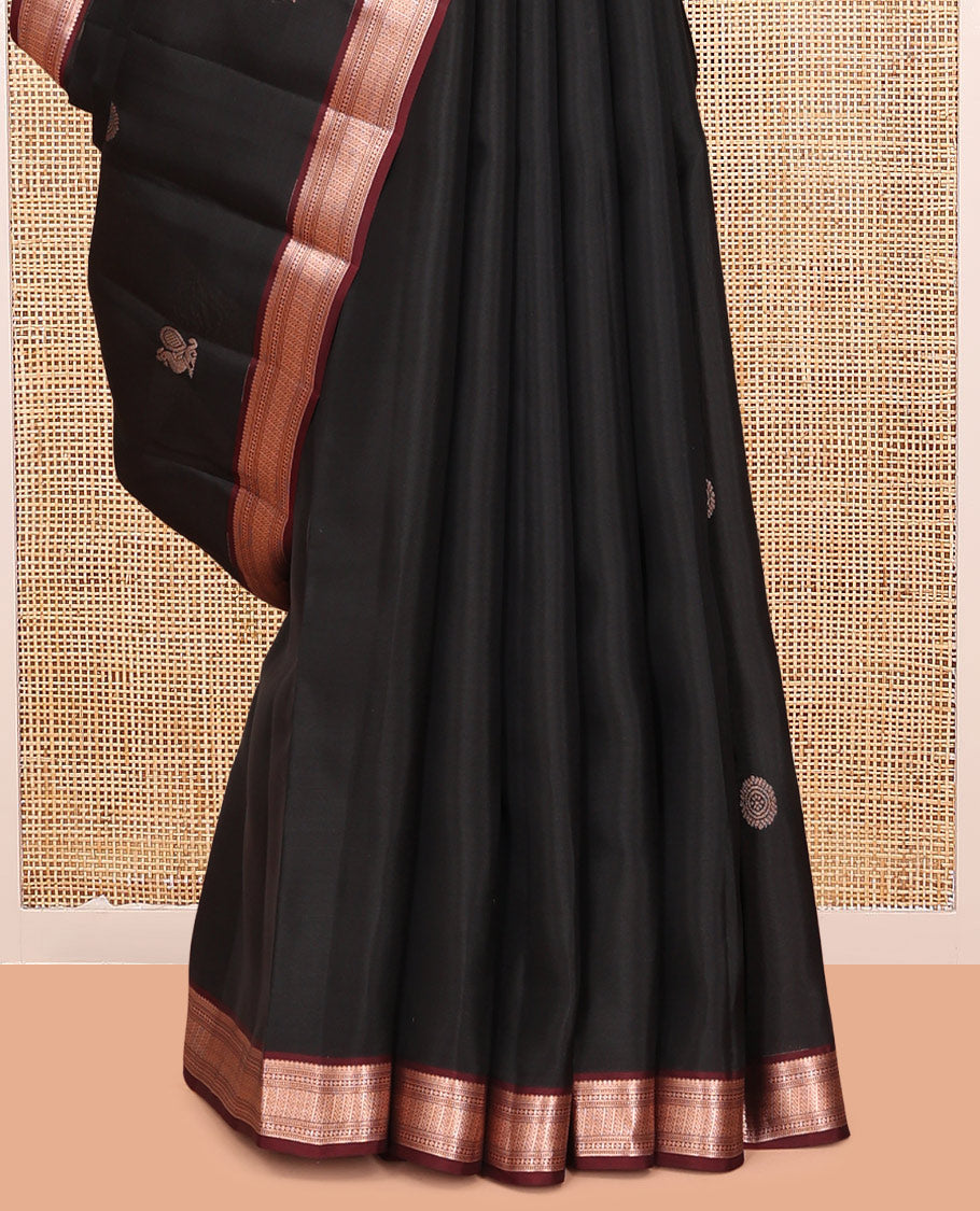Black Vasundhara Lite Silk Mix Saree, Mesmerized with Mayil Buttas, a Contrast Border of Thilakam Mokku, Muthu, Lavangam, and Neli Designs, Jaal Pallu, and a Contrast Blouse