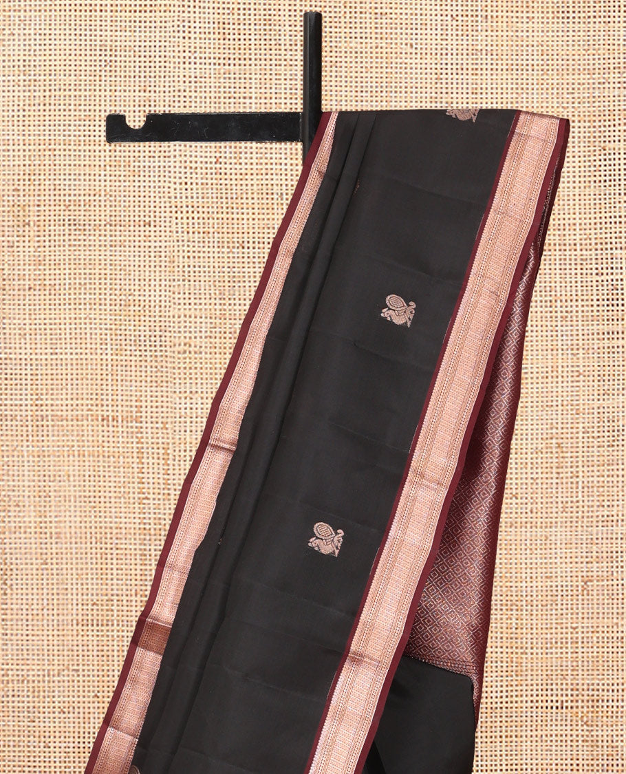 Black Vasundhara Lite Silk Mix Saree, Mesmerized with Mayil Buttas, a Contrast Border of Thilakam Mokku, Muthu, Lavangam, and Neli Designs, Jaal Pallu, and a Contrast Blouse