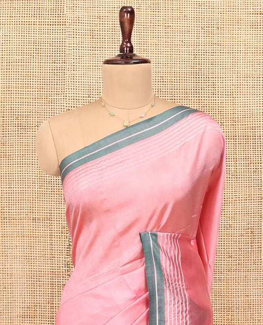 Pink Plain Banana Pith Saree, Subtle Contrast Striped Border, Pallu Steeped with Stripes, and Paired with a Matching Blouse