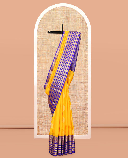 Yellow Vasundhara Silk Saree, Subtly Woven with Zari Buttas, a Contrast Border of Kodi Visiry, Muthu, and Kamalam Designs, Jaal Pallu, and a Contrast Blouse