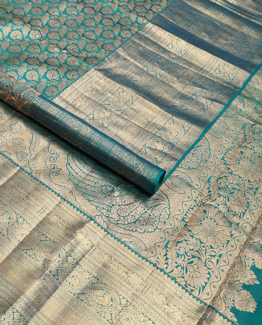 Blue floral jaal jacquard wedding silk saree, intricate pallu & border of thilakam,diamond,cross kamalam & round mayil design
