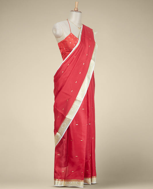 Red buttas mysore silk saree with contrast floral zari design border
