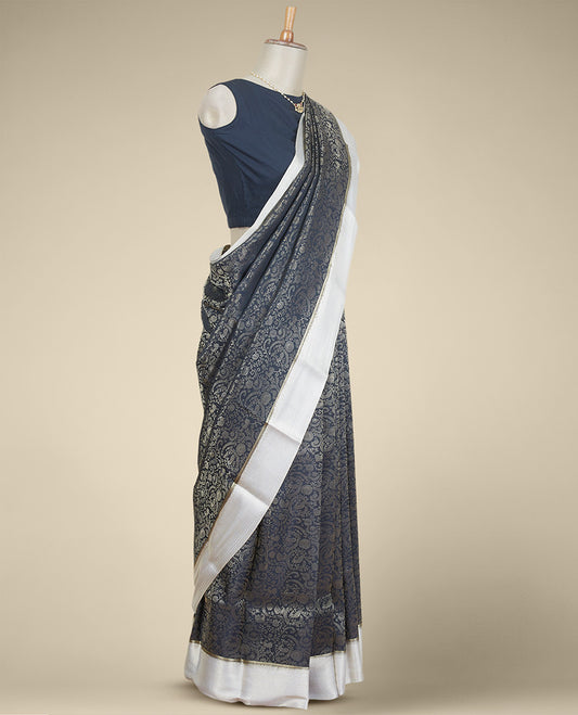 Black floral jacquard mysore silk saree with contrast border