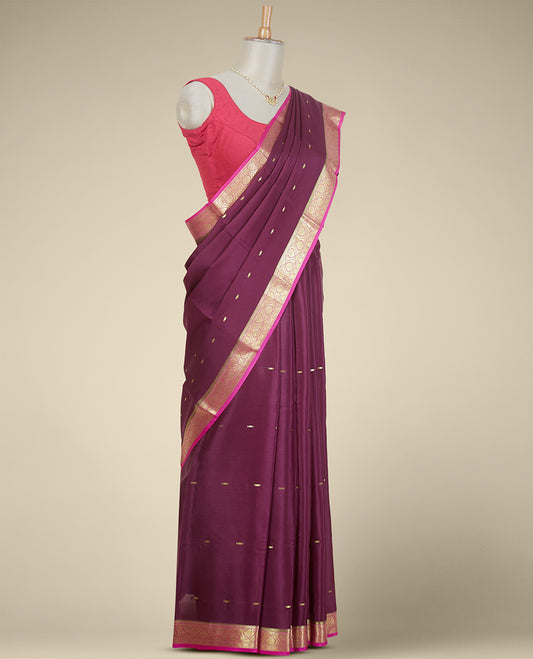 Maroon buttas mysore silk saree with contrast floral design border