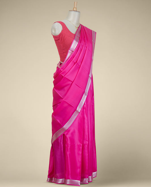 Pink mysore silk saree with self checked zari design border