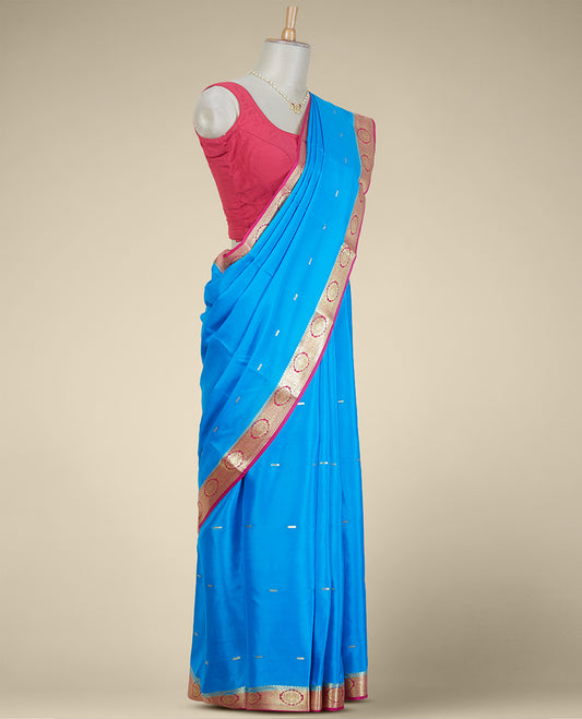 Blue buttas mysore silk saree with contrast floral design border