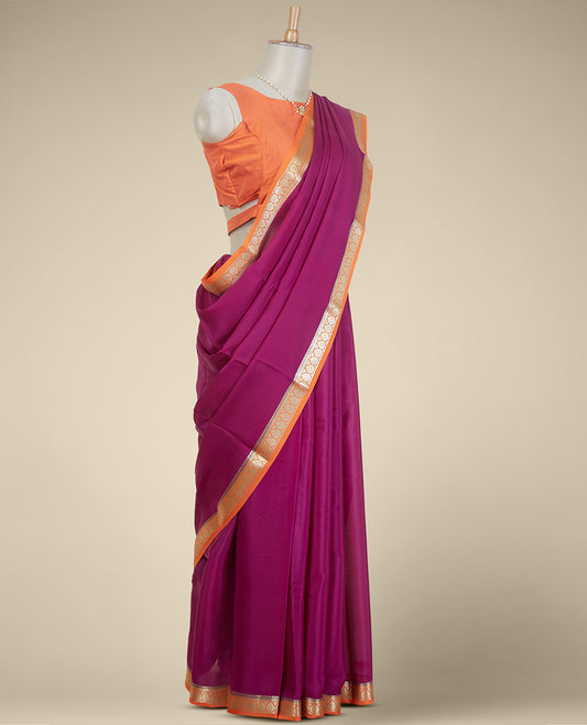 Purple mysore silk saree with contrast floral zari design border