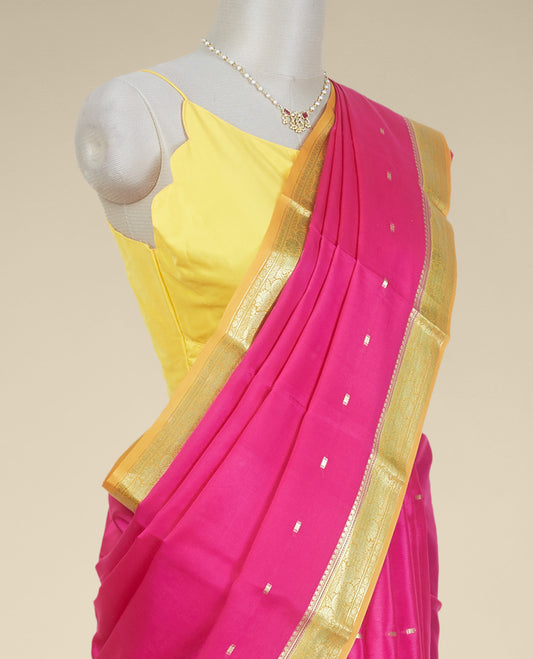 Pink buttas mysore silk saree with contrast floral design border