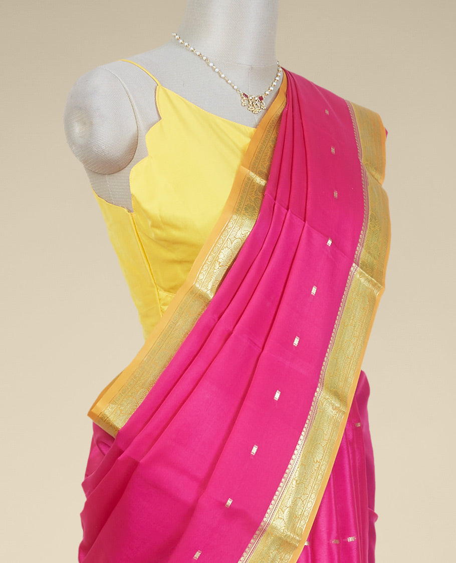 Pink buttas mysore silk saree with contrast floral design border