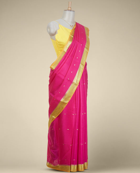 Pink buttas mysore silk saree with contrast floral design border