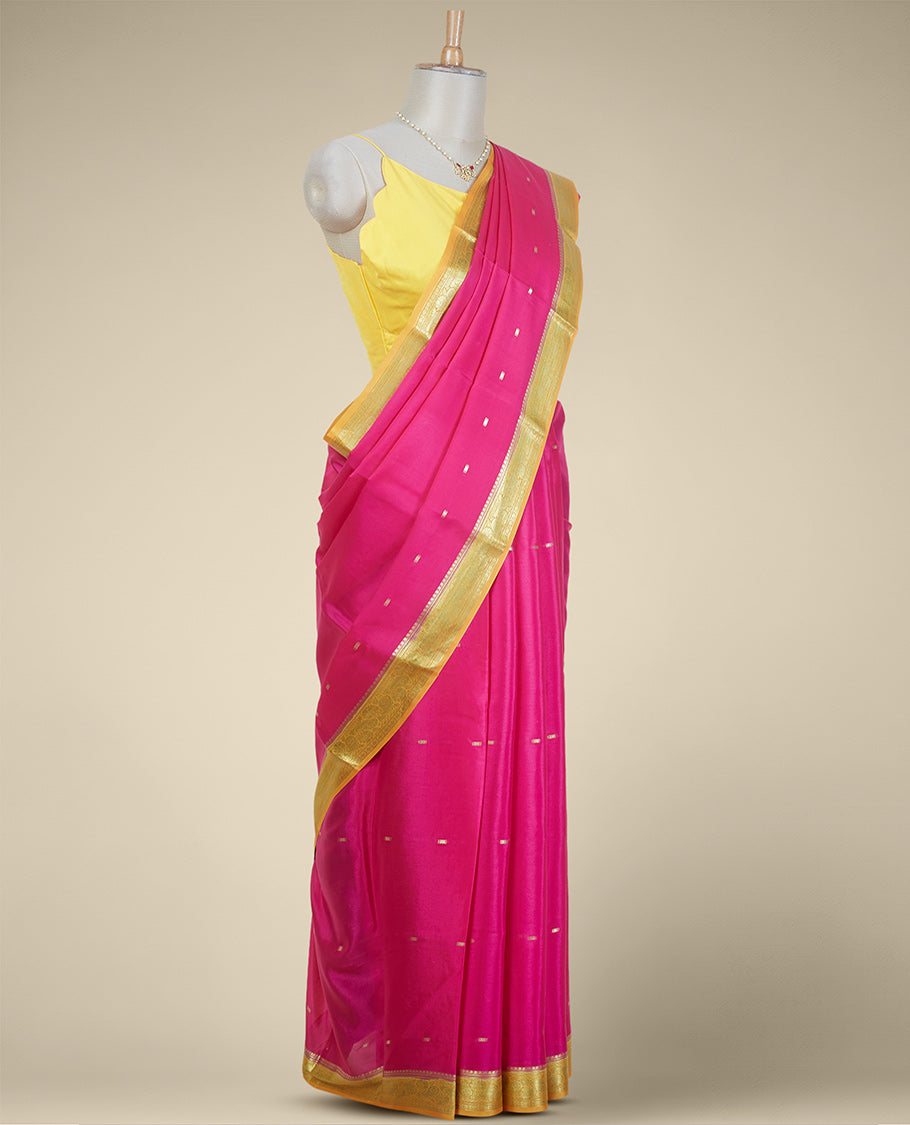 Pink buttas mysore silk saree with contrast floral design border