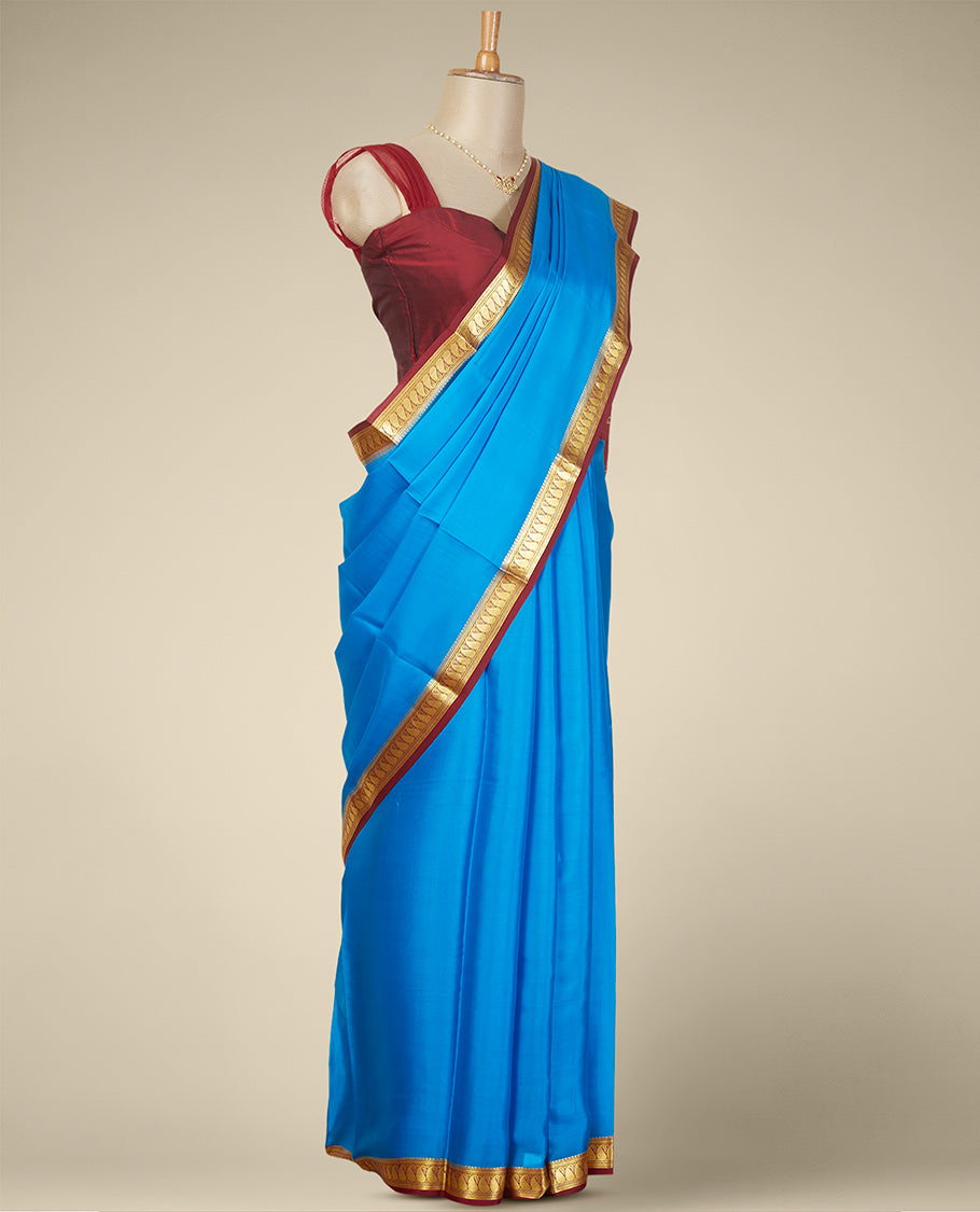 Blue mysore silk saree with contrast paisley zari design border