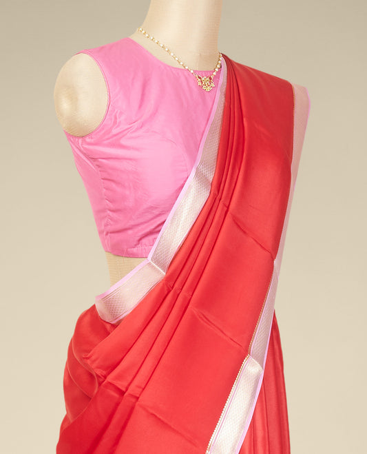 Red mysore silk saree with contrast checked zari design border