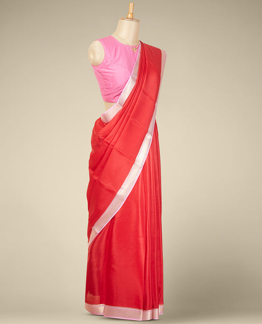 Red mysore silk saree with contrast checked zari design border