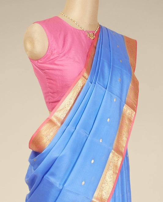 Blue floral buttas mysore silk saree with contrast floral design border