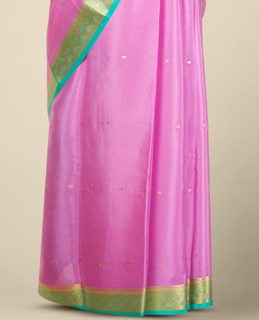 Pink buttas mysore silk saree with contrast floral zari design border